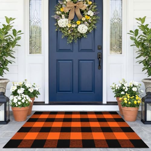 KOZYFLY Buffalo Plaid Rugs 2.3x3.6 ft Halloween Orange Black Front Door Mat by KOZYFLY