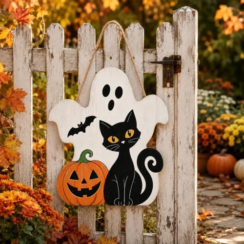 Halloween Decoration Wooden Sign, Ghost Halloween Front Door Hanger, Spooky Wooden Pumpkin Black Cat Sign for Indoor Outdoor Yard, Сute Ghost Home Decorations Signs - Image 5