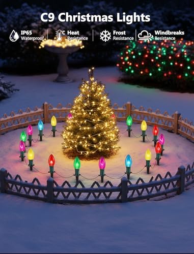 C9 Multicolor Christmas Pathway Lights,38FT 25 Pcs Multicolored Extendable Waterproof Christmas Walkway Lights with Multicolor Bulbs and Stakes for Outdoor Lawn Garden Sidewalk Xmas Decorations - Image 3