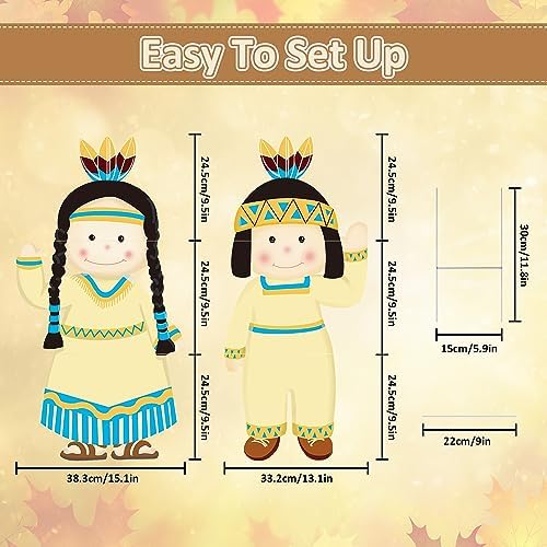 Thanksgiving Yard Signs Native American Boy and Girl Lawn Stakes Fall Weatherproof Outdoor Lawn Garden Decoration Party Supplies 6 Pieces Up to 73.5 cm / 29 in.​ - Image 2