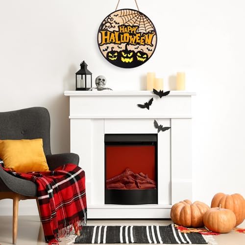 JarThenaAMCS Halloween Welcome Door Sign 3D Evil Pumpkin Face Spider Web Bat Wooden Hanging Sign Front Door Hanger for Indoor Outdoor Home Porch Window Decor - Image 6