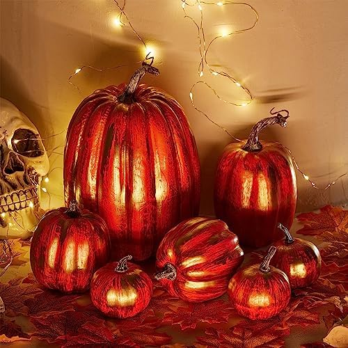 Lizxun 7Pcs Artificial Pumpkins Halloween Decoration, Lifelike Simulation Mixed Harvest Fall Foam Pumpkins for Halloween Thanksgiving Home Party Supplies (Orange Gold-7Pcs) - Image 2