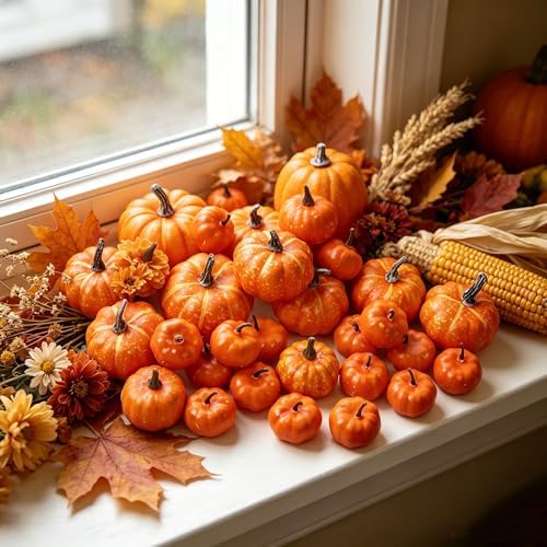 winemana 46 Pcs Artificial Pumpkins Fall Decorations, Orange - Image 2