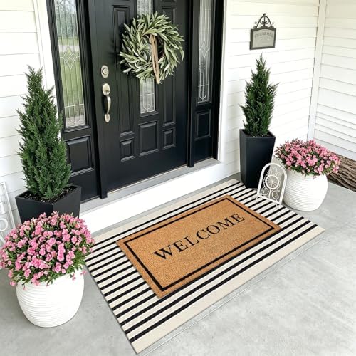 KOZYFLY 3'x5' Cotton Area Rug, Black and Beige Striped Outdoor Rug, Hand-Woven, Machine Washable, Perfect for Front Door, Kitchen, Living Room - Image 2