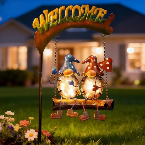 HONGLAND Gnomes Garden Decor Solar Lights, 48 Inch Welcome Sign Swing Yard Decorations Outdoor Decorative Stake for Lawn Porch Backyard Patio, Gnome Gardening Gifts for Women Mom - Image 5
