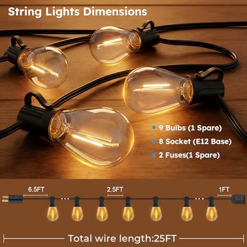 GvvooHome LED Outdoor String Lights, 25FT Waterproof Patio Lights with 9 Shatterproof S11 Plastic Bulbs, 2700K Warm White Edison Hanging Lights for Backyard, Garden, Porch, Bistro - Image 6