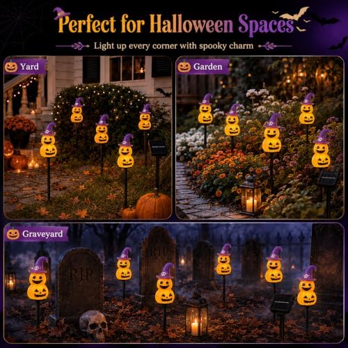 Halloween Decorations Solar Garden Lights, 4pcs Magic Hat Pumpkin Path Lights with 8 Lighting Modes, Waterproof Yard Light, LED Santa Claus Gift for Yard Path Decor (Orange - Pumpkin) - Image 6