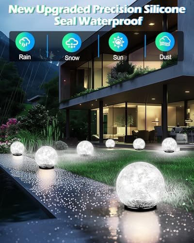 Garden Solar Ball Lights Outdoor Waterproof, 80 LED Cracked Glass Globe Ground Lights for Path Yard Patio Lawn, Outdoor Decoration Landscape White (2 Pack 5.9'') - Image 4