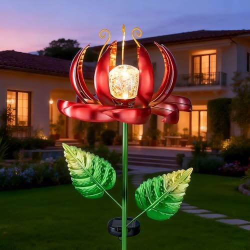 Solar Yard Lights Wind Spinners- Metal Lotus Flower Garden Decor LED Crackle Glass Globe Yard Art Sculpture Solar Stake Lights for Patio Pathway Lawn Walkway (Red-Large) by SUCUY
