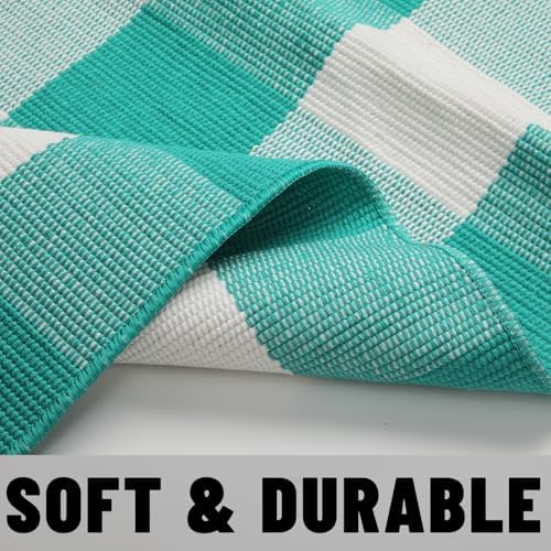 Buffalo Plaid Outdoor Rug 3x5 Ft Teal Green and White Checkered Area Rug Washable Doormats Indoor Outdoor Rugs for Layered Front Door Mats, Porch, Entryway, Kitchen, Farmhouse - Image 4