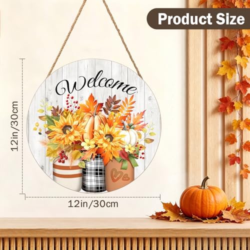 Harooni Fall Welcome Sign Door Sign 12"x12" Rustic Fall Decorations Hanging Door Sign Thanksgiving Farmhouse Welcome Round Wooden Sign for Home Front Door Wall Porch Yard Garden - Image 2