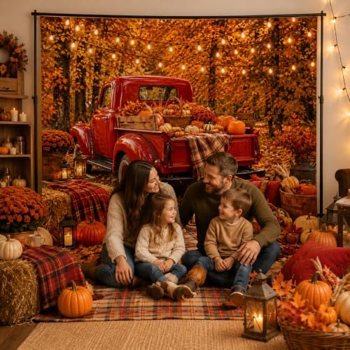 Fall Thanksgiving Garage Door Decoration 8x7Ft Vintage Red Truck Pumpkin Maple Leaf Background Banner Autumn Harvest Thanksgiving Garage Door Decorations for Home Outdoor Party Decor - Image 5