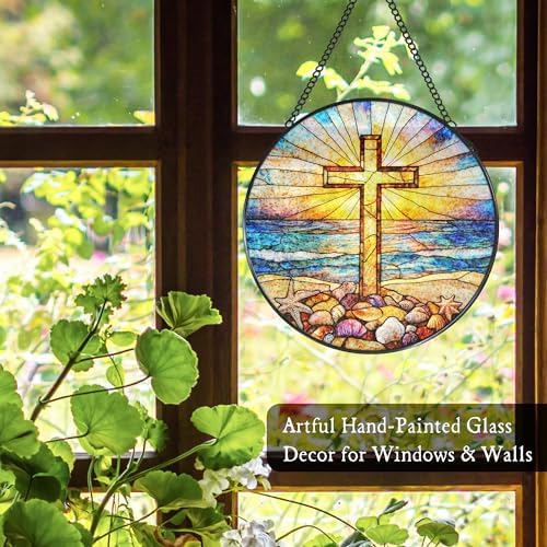 Cross Coastal Stained Glass Window Hanging Suncatcher, Christian Beach Shells Sunset Sun Catcher Indoor Window Decor Gifts, Religious Painted Glass Round Wall Hanging Decorations 7.8x7.8 in - Image 4