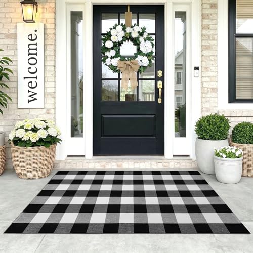 KOZYFLY Buffalo Plaid Area Rugs 3x5 Ft Black and White Checkered Rug Washable Front Door Mat Hand Woven Cotton Outdoor Rug Large Rug for Front Porch Kitchen Entryway Patio Bathroom by KOZYFLY