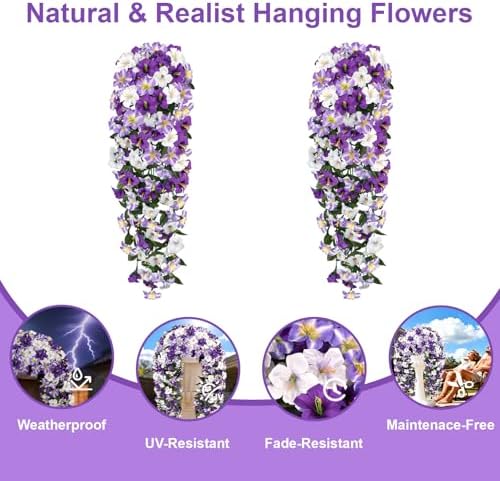 Artificial Hanging Flowers for Outdoors, 2 PCS 272 Blooms UV Resistant Morning Glory Faux Silk Vines, No-Odor Realistic Fake Plants for Garden Planter Porch Patio Decoration, White Purple - Image 5