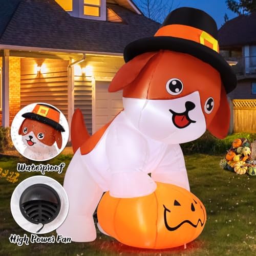 GOOSH 5.2 FT Thanksgiving Inflatables Dog Outdoor Decorations Blow Up Yard Cute Puppy Standing on a Pumpkin with Pilgrim Hat with Built-in LEDs for Garden Lawn Indoor Party Decor - Image 4
