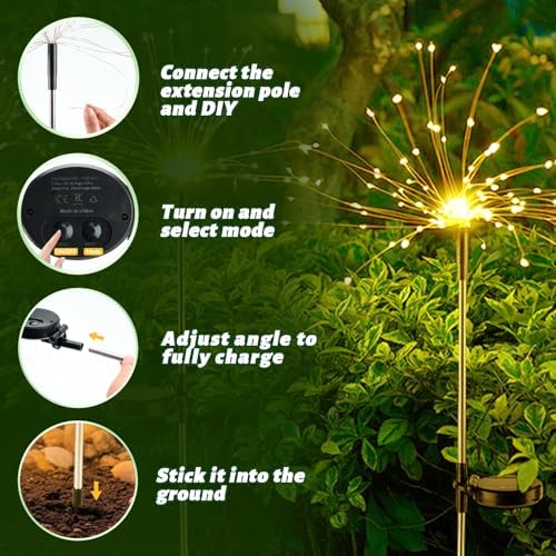 Dream Master Solar Garden Lights, 4 Pack 120 LEDs Solar Lights Outdoor Waterproof, 8 Modes Fireworks Light, Valentines Day Decorations for Yard, Pathway, Walkway, Pool, Warm White - Image 2