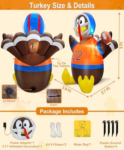 TURNMEON 5 Ft Thanksgiving Inflatables Outdoor Decorations, American Football Turkey Blow Up Yard Decor with LED Lights Fall Thanksgiving Decorations Outside Lawn Garden Indoor Autumn Holiday Party - Image 5