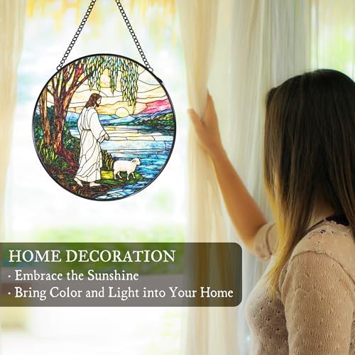 Jesus and Lamb Stained Glass Window Hanging Suncatcher, Christian Willow Tree Sun Catcher Indoor Window Decor, Religious Painted Glass Round Wall Hanging Decorations, 7.8x7.8 in - Image 3