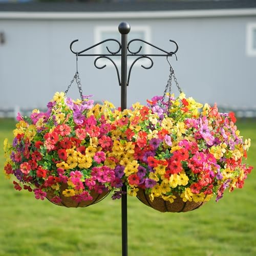2 Set Artificial Flowers Faux Hanging Plants Basket for Spring Summer Outdoor Outside Decoration, Fake Silk UV Sun Resistant Daisy Eucalyptus for Porch Home Patio Balcony Yard Decor - Image 5