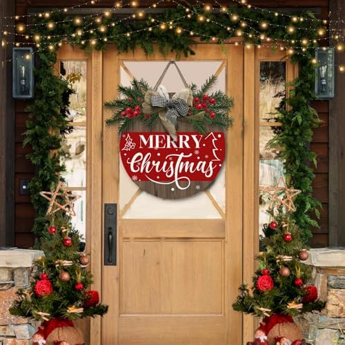 Xmas Door Wreath Hanger Wooden Welcome Door Sign for Front Door Winter Holiday Outdoor Hanging Sign with Bow Farmhouse Indoors Wall Sign Christma Decorations - Image 3