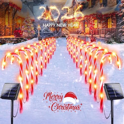 20 Pack Solar Christmas Candy Cane Lights, Christmas Decorations Outdoor Waterproof, Solar Powered Pathway Lights with 8 lighting Modes & Memory Function for Outside Party Garden Yard Patio Decoration by EEW