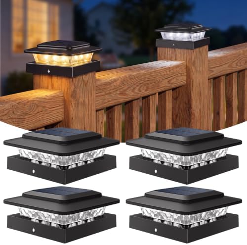 kolpop 4x4 Solar Post Cap Lights Outdoor 4Pack- 3 Color Temperatures& 2 Level Brightness, IP65 Waterproof, 16 LED Black Fence Deck Post Light Solar Powered Only for 4×4/3.5×3.5 Wood/Vinyl Posts by kolpop