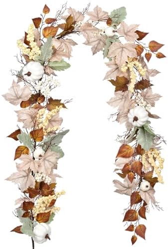 DearHouse Fall Garland Maple Leaf, 5.9Ft Hanging Vine Garland White with Pumpkins and Berries Thanksgiving Decor for Home Wedding Fireplace Party Christmas (White&Brown) - Image 5