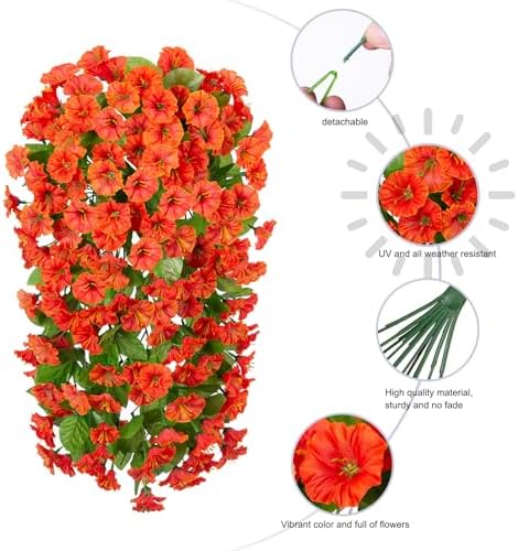 HyeFlora Artificial Fake Hanging Flowers Plants for Outdoor Outside Spring Decor, 2PCS Faux Silk Orange Morning Glory Trailing Vines UV Resistant Look Real for Home Planter Porch Patio - Image 3