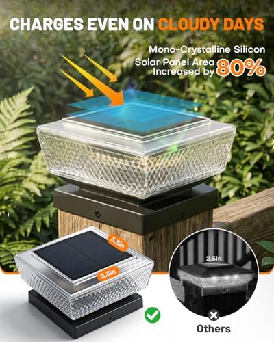 4x4 Solar Post Cap Lights Outdoor 10 Pack, 3000K Warm Fence Deck Post Solar Lights with Upgrade Solar Panel, Waterproof Solar Post Caps for 3.5x3.5, 4x4, Wooden & Vinyl Posts, Porch Patio Garden Use - Image 2