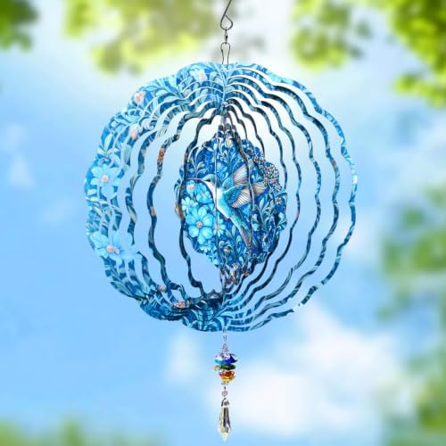 10 Inch 3D Hummingbird Wind Spinner with Crystal Pendant, Teal Floral Metal Mandala Hanging Spinner, Kinetic Wind Sculpture for Outdoor Yard, Garden, Patio, Balcony Decor - Image 2