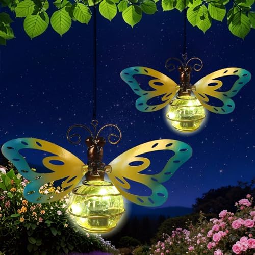 2 Pack Butterfly Outdoor Decor with Bouncy Springs Pendant Lights Birthday Gifts for Women Mom Grandma,Hanging Solar Lights Outside Waterproof Metal Solar Garden Decoration for Porch,Yard,Patio by Unknown