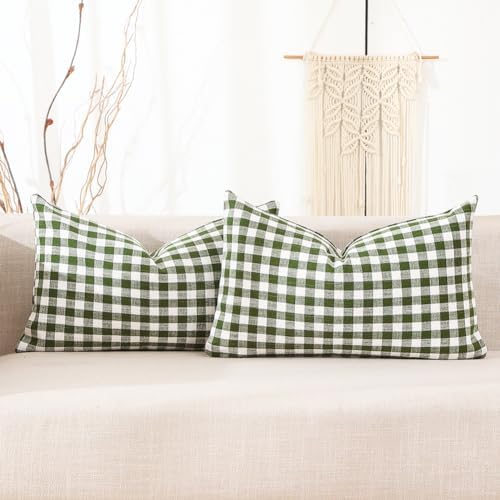 Spring Green Plaid Gingham Outdoor Lumbar Decorative Pillow Covers 12x20 by CARRIE+HOME