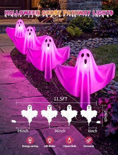 4Pack Halloween Pathway Lights Outdoor, Waterproof LED Purple Ghost Lights - Image 2