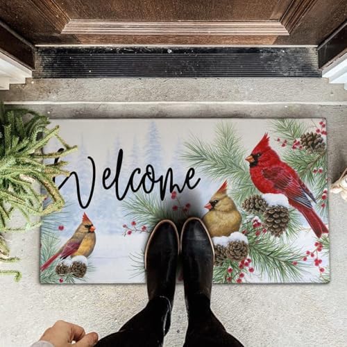 Winter Door Mat Outdoor for Front Door,Cardinal Pine Twigs Berry Merry Christmas Welcome Doormat,Xmas Holiday Floor Rugs for Indoor Porch Entrance Farmhouse Decor 30" x 17" - Image 5