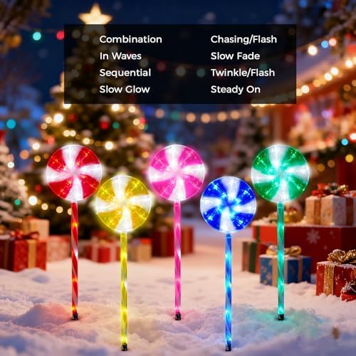 BRIGHTDECK Lollipop Solar Christmas Pathway Lights Outdoor, LED Christmas Decor with 8 Lighting Modes, Light Up Solar Stake Lights for Holiday, Xmas (Multicolor, 10Pack) - Image 6