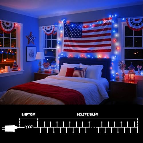 LAMPHOME 165ft 500 LED Red White and Blue Patriotic String Lights, 16 Modes Red White Blue Lights Plug in, 4th of July Lights Outdoor for Independence Day Memorial Day 4th of July Decoration - Image 4