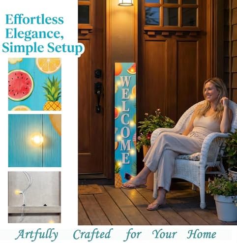 Lighted Summer Welcome Porch Sign 47x7.8 Inch Tall Vertical Wooden Decorative Sign Hanging Standing Front Door Sign with Fruit Pattern for Indoor Outdoor Hello Summer Decor - Image 3