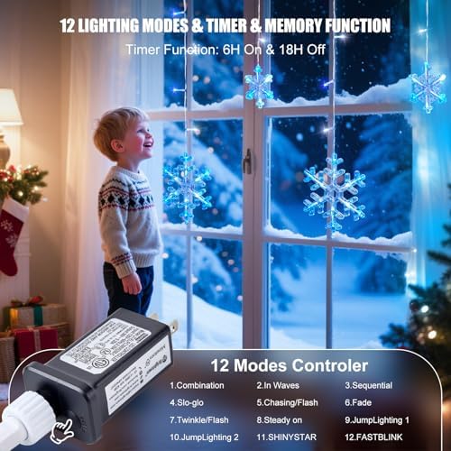 Minetom Christmas Snowflake Lights - 13ft 192LED Snowflake Icicle Lights with 16 Drops, 12 Modes and Timer, IP65 Waterproof Connectable Christmas Light for House Eave Window Indoor Outdoor Decoration - Image 2