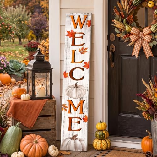 Fall Welcome Porch Sign for Front Door 47" Outdoor Autumn Welcome Sign for Front Porch Maple Leaf Pumpkin Sunflower Home Decor Farmhouse Vertical Holiday Decor for Yard Home Hanging Garden by Memorywuu