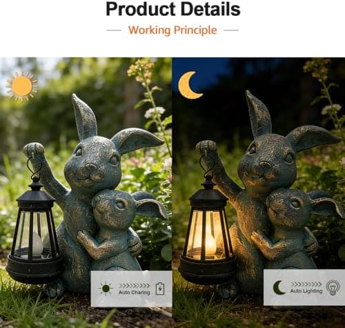 Solar Outdoor Statues Lantern Figurines Light Decorations for Garden Patio Balcony Yard Lawn, Ideal Gifts for Mom Friends (Bronze -Rabbit) - Image 5