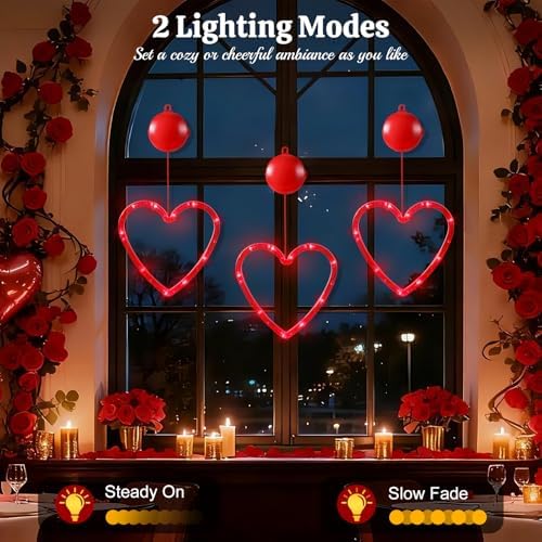 Lewondr 3Pcs Valentines Day Window Lights with 2 Lighting Modes, Red - Image 2
