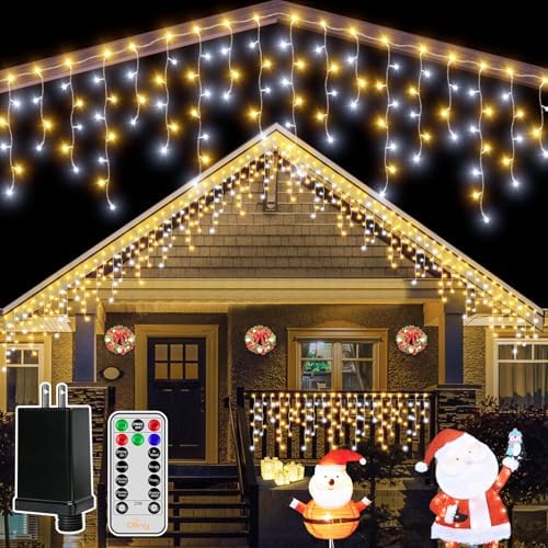 Ollny Icicle Lights for Outside 504LED 41FT, Warm and Cool White Christmas Light with Remote 8Modes Timers Waterproof, Plug in Connectable Hanging Lights for Outdoor Indoor House Roof Holiday by Ollny