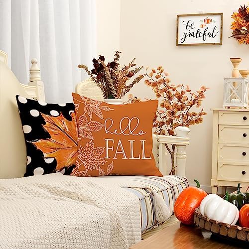 GEEORY Fall Decorative Throw Pillow Covers 18 x 18 Inch Set of 4, Hello Pumpkin Maple Leaves Fall Decor Outdoor Farmhouse Pillow Cases for Home Couch (Orange Color) G339-18 - Image 3