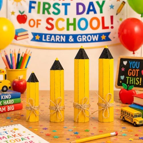 Yousoontic 4 Pcs Back to School Table Decor Wooden Pencil Block Signs Rustic Farmhouse Wood Pencil Tabletop Centerpieces for The First Day of School Home Classroom Desk Shelf Tiered Tray Decor - Image 4