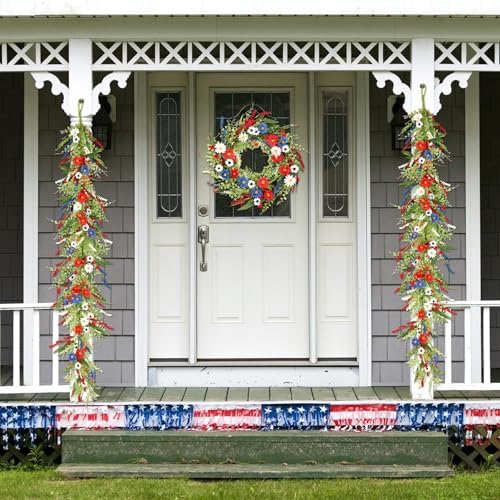 6.56 Ft 4th of July Flower Garland Wreath Patriotic Red Blue White Daisy Vine Garland Artificial Wild Floral Garland for Independence Day Arch Porch Stair Table Indoor Door Home All Year - Image 5