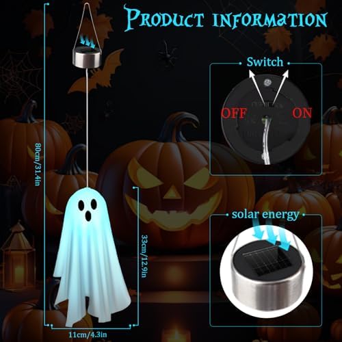 Halloween Decorations Outdoor Solar Ghost Lights, 2PACKS Light up Cute Flying Ghosts, for Spooky Halloween Party Decor, Creepy Ghost Decor Light for Front Porch Yard Patio Tree, Cold Light - Image 2