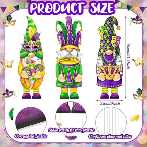 Umigy 3 Pcs Mardi Gras Yard Decor Carnival Day Gnome Outdoor Sign with Stakes Gold Green Purple Gnome Lawn Sign Sweet Yard Decor for Home Pathway Walkway - Image 2