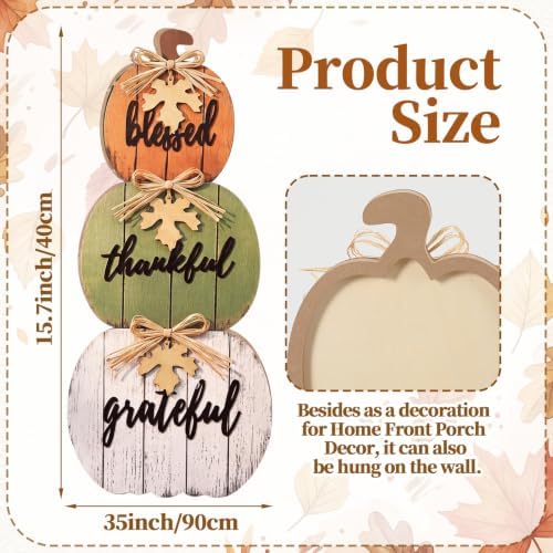 Threehoney 35 Inch Fall Stacked Pumpkins for Porch Wooden Outdoor Standing Pumpkin Decor Thanksgiving Harvest Farmhouse Sign for Yard Front Door Garden Patio Outdoor(Thanksgiving,Rustic Color) - Image 2