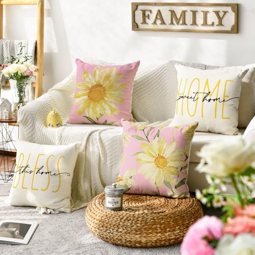 AVOIN colorlife Home Sweet Home Spring Summer Flowers Pink Throw Pillow Covers, 18 x 18 Inch White Cushion Case for Sofa Couch Set of 4 - Image 2